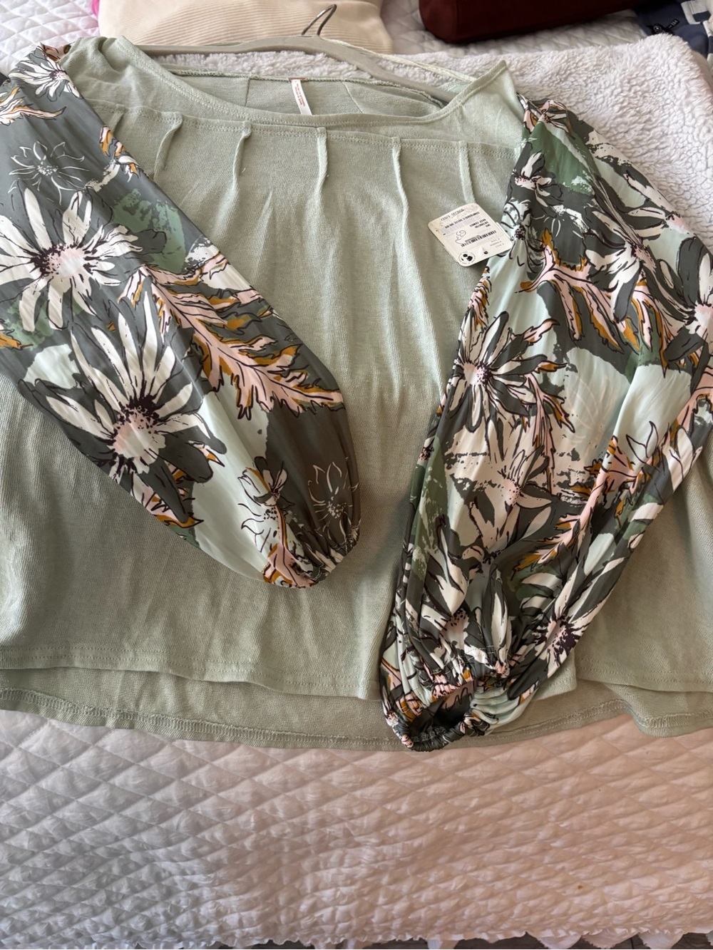 Free People Mint Green Blouse with Floral Balloon Sleeves